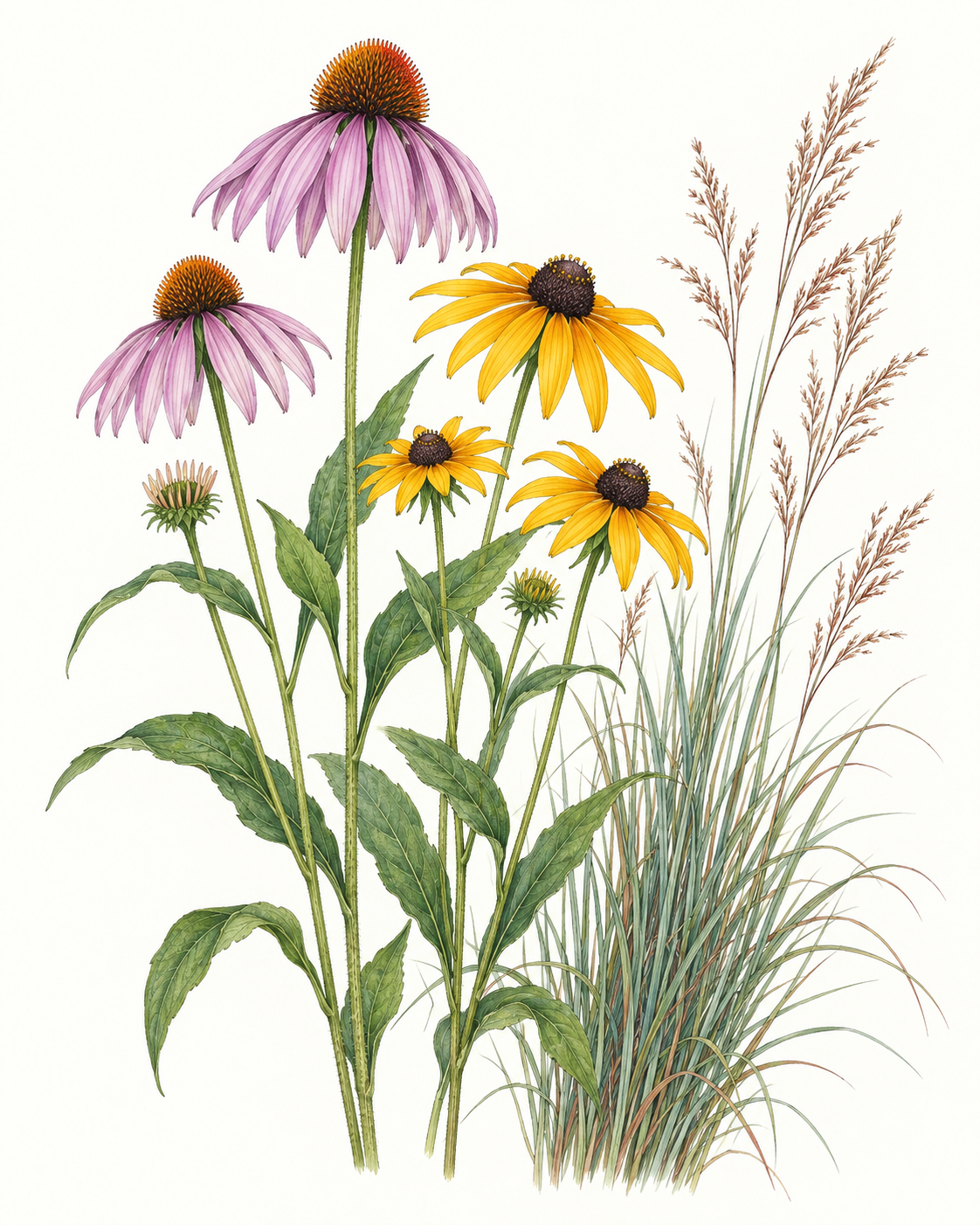 Botanical illustration of prairie flowers and native grasses